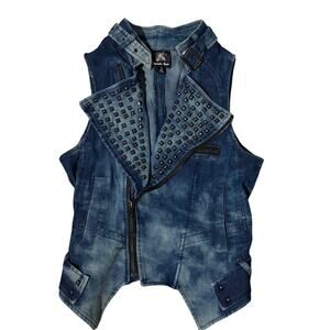Double Zero Jean Jacket Vest Studded Rock Concert Size Small Biker Ocean Wash